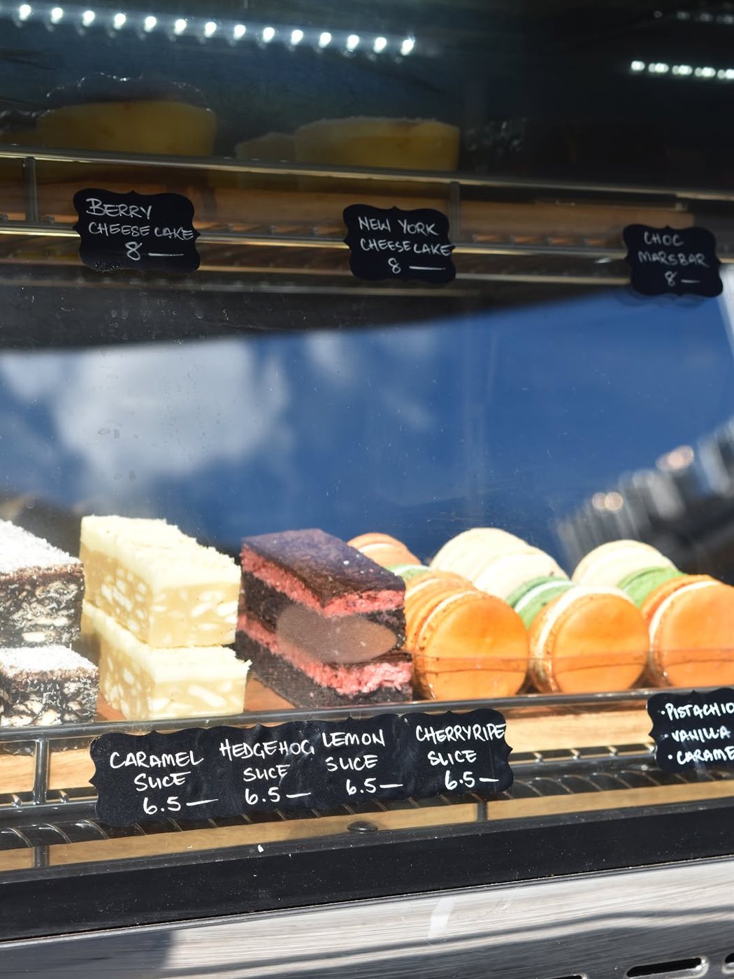 Cheesecakes, slices and macarons